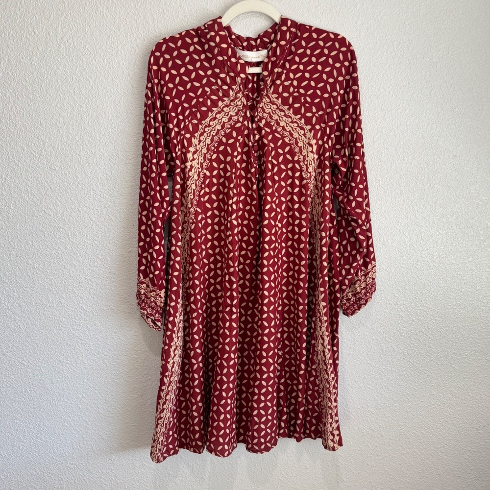 Natalie Martin Silk Burgundy Batik Print Long Sleeve Tunic Boho Dress Sโ Resort